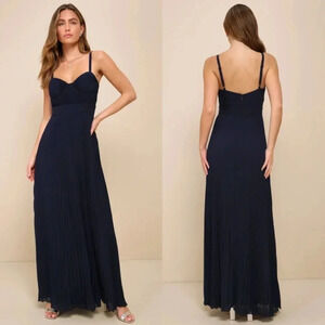 Lulus Certainly Lovely Navy Blue Pleated Bustier Maxi Dress Wedding Party Guest